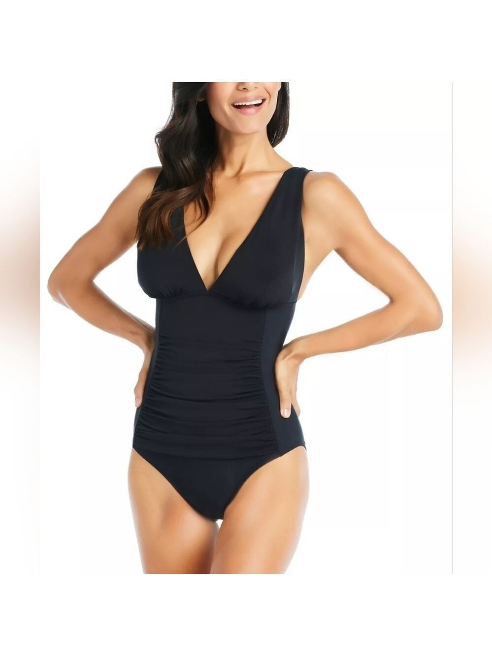 Beyond Control Black Solid Plunge V-Neck One-Piece Swimsuit Sz.12